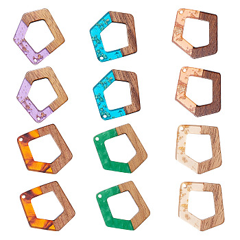 Transparent and Opaque Resin & Walnut Wood Pendants, Polygon, Mixed Color, 35x31x3mm, Hole: 2mm,  6 colors, 2pcs/color, 12pcs/set