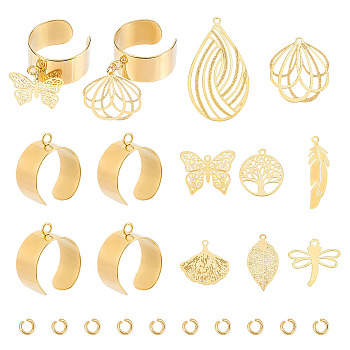 DIY Spring Theme Charm Open Ring Making Kit, Including Stainless Steel Cuff Finger Ring Components, Leaf & Tree & Flower & Dragonfly 304 & 201 Stainless Steel Pendants, Golden, 22Pcs/box