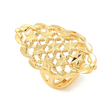 Brass Star Open Cuff Ring for Women, Real 18K Gold Plated, 34mm, Adjustable