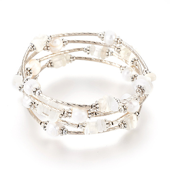 Pearl and Natural White Moonstone Chips Wrap Bracelets, Five Loops, with Metal Findings, Potato, White, 2-1/8 inch(5.3cm)