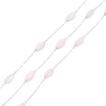 304 Stainless Steel & Dyed Shell Handmade Oval Beads Chain, Soldered, with Spool, Stainless Steel Color, Lavender Blush, 8x4mm