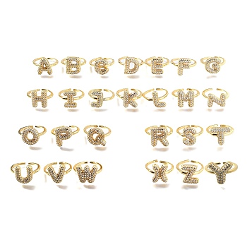 26Pcs Brass Micro Pave Clear Cubic Zirconia Open Cuff Rings,  Letter A~Z, Real 18K Gold Plated, 11.5~15x9.5~15.5mm, Inner Diameter: 17mm