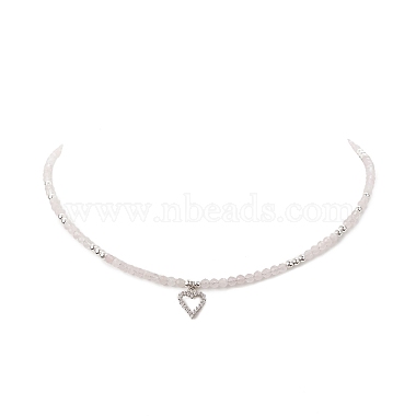 Clear Cubic Zirconia Heart Pendant Necklace with Natural Rose Quartz Beaded Chains for Women(NJEW-JN04271-02)-4