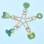 5Pcs 5 Styles Saint Patrick's Day Alloy Enamel Pendant Decoration, with Alloy Swivel Clasps, Mixed Shapes, Sea Green, 56~58mm, 1pc/style(HJEW-YW00086-01)