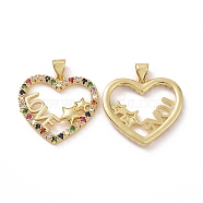 Brass Cubic Zirconia Pendants, Heart with Star & Word Love Charm, Real 18K Gold Plated, Colorful, 22.5x24x3mm, Hole: 3.5x5mm(KK-G453-01G-01)