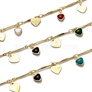 Brass Bar Link Chains, with Enamel Charms, Spool, Long-Lasting Plated, Soldered, Heart, Golden, Links: 14.2x1.8x1.6mm, Heart: 7.5x5.5x2.9mm and 8.1x7.3x0.5mm(CHC-L039-07G)