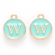 Golden Plated Alloy Enamel Charms, Cadmium Free & Lead Free, Enamelled Sequins, Flat Round with Letter, Turquoise, Letter.W, 14x12x2mm, Hole: 1.5mm(X-ENAM-S118-05W)