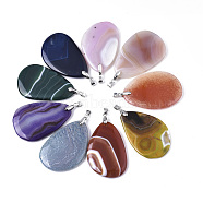 Natural Agate Big Pendants, with Platinum Plated Brass Pinch Bails, Dyed, Teardrop, Mixed Color, 58~59x38~40x5~7mm, Hole: 4x5mm(G-R467-08)