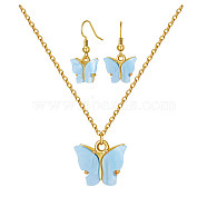 Alloy Acrylic Earrings & Necklaces Jewelry Sets, with Brass Cable Chains, Earring Hooks and 304 Stainless Steel Lobster Claw Clasps, Butterfly, Aqua, Necklaces: 17.71 inch(45cm), Earrings: 29mm, Pin: 0.8mm(SJEW-PH01380-02)