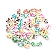 Printed Cowrie Shell Beads, No Hole/Undrilled, Polka Dot, Mixed Color, 20~26x13~18x5~7mm, 10pcs/color, 60pcs/set(SHEL-X0004-02)