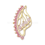 Faceted Round Natural Rose Quartz & Glass Seed Bead Pendants, Butterfly Wing 201 Stainless Steel Charms, Golden, Pink, 49.5x25x4.8mm, Hole: 1.5mm(PALLOY-MZ00219)