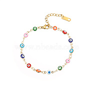 Golden Tone Stainless Steel Enamel Evil Eye Link Chain Bracelets for Women, Colorful, Flat Round, 6-1/4 inch(16cm)(CI4530-3)