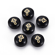 Handmade Lampwork Beads, with Golden Plated Brass Etched Metal Embellishments, Flat Round with Cross, Black, 8x5~6mm, Hole: 0.8mm(LAMP-S196-002)