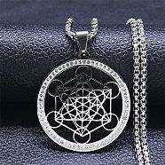Crystal Rhinestone Flat Round with Hexgon Pendant Necklace with 304 Stainless Steel Box Chains, Stainless Steel Color, 22.91 inch(58.2cm)(NJEW-K253-11P)