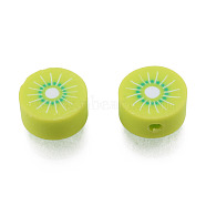 Handmade Polymer Clay Beads, Flat Round with Kiwi, Green Yellow, 10x4.5~6mm, Hole: 1.6mm(CLAY-N011-77)