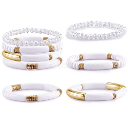 4Pcs 4 Style Acrylic Chunky Curved Tube Stretch Bracelet Sets, Polymer Clay & Glass Beads Stackable Bracelets for Women, White, Inner Diameter: 2-1/8 inch(5.3cm), 1Pc/style(BJEW-SW00074-06)