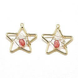 Brass Pendants, with Glass Beads, Star, Real 18K Gold Plated, Red, 21x20x4mm, Hole: 1mm(X-KK-T032-064G-01)
