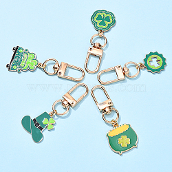 5Pcs 5 Styles Saint Patrick's Day Alloy Enamel Pendant Decoration, with Alloy Swivel Clasps, Mixed Shapes, Sea Green, 56~58mm, 1pc/style(HJEW-YW00086-01)