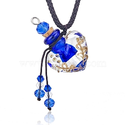 Baroque Style Heart Handmade Lampwork Perfume Essence Bottle Pendant Necklace, Adjustable Braided Cord Necklace, Sweater Necklace for Women, Blue, 18-7/8~26-3/4 inch(48~68cm)(PW-WG87634-02)