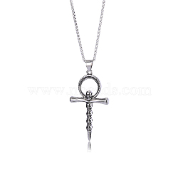 Skull Cross Pendant Necklace Vintage Titanium Steel Ankh Necklace Charm Neck Chain Jewelry Gift for Women Men Birthday Easter Thanksgiving Day, Stainless Steel Color, 21.65 inch(55cm)(JN1110A)