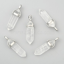 Natural Quartz Crystal Double Terminated Pointed Pendants, Rock Crystal, with Random Alloy Pendant Hexagon Bead Cap Bails, Bullet, Platinum, 37~40x12mm, Hole: 3mm(X-G-F295-05P)