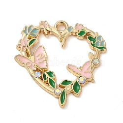 Alloy Enamel Pendants, with Rhinestone, Heart with Flower & Butterfly Charm, Golden, Pink, 25x24x2mm, Hole: 1.8mm(ENAM-Q507-11G-B)