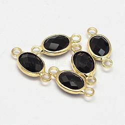 Oval Faceted Golden Brass Glass Links connectors, Black, 15x7x3.2mm, Hole: 1mm(GLAA-O014-20G)