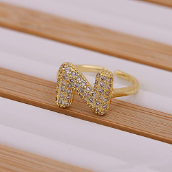 Brass Micro Pave Clear Cubic Zirconia Initial Cuff Rings, Golden, Letter N, Inner Diameter: Adjustable(FS-WGB210B-14)