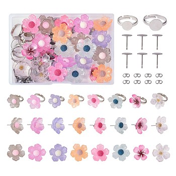 DIY Flower Stud Earring and Finger Ring Making Kit, Including Resin Cabochons, Brass Pad Ring Bases, 304 Stainless Steel Stud Earring Findings, Mixed Color, 68Pcs/box