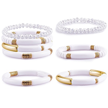 4Pcs 4 Style Acrylic Chunky Curved Tube Stretch Bracelet Sets, Polymer Clay & Glass Beads Stackable Bracelets for Women, White, Inner Diameter: 2-1/8 inch(5.3cm), 1Pc/style