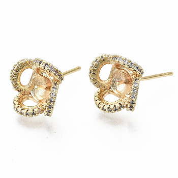 Brass Micro Pave Clear Cubic Zirconia Stud Earring Findings, for Half Drilled Beads, Nickel Free, Real 18K Gold Plated, 11x11mm, Pin: 0.7mm, pin: 0.7mm(for half drilled beads)