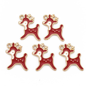 Alloy Enamel Pendants, Cadmium Free & Nickel Free & Lead Free, for Christmas, Reindeer, Light Gold, Red, 19.5x15x1.5mm, Hole: 1.8mm