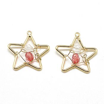 Brass Pendants, with Glass Beads, Star, Real 18K Gold Plated, Red, 21x20x4mm, Hole: 1mm