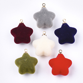 Flocky Acrylic Pendants, with Brass Findings, Star, Golden, Mixed Color, 20.5x17x10.5mm, Hole: 1.6mm