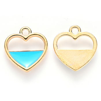 Alloy Enamel Pendants, Heart, Light Gold, Sky Blue, 16x15x2mm, Hole: 1.8mm