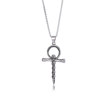 Skull Cross Pendant Necklace Vintage Titanium Steel Ankh Necklace Charm Neck Chain Jewelry Gift for Women Men Birthday Easter Thanksgiving Day, Stainless Steel Color, 21.65 inch(55cm)