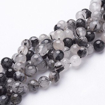 Natural Black Rutilated Quartz Beads Strands, Round, 8mm, Hole: 1mm, 23pcs/strand, 8 inch