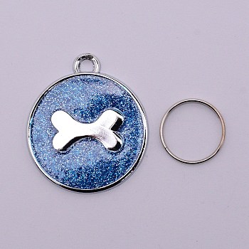 Alloy Charms, with Gold Foil and Iron Rings, Cadmium Free & Lead Free, Flat Round with Bone, Royal Blue, 29.5x25.5x1.5mm, Hole: 3mm