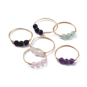 Natural Gemstone Finger Rings, with Brass Copper Jewelry Wire, Golden, Size 8~10, 18~20mm