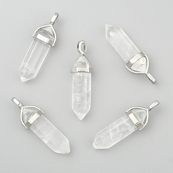 Natural Quartz Crystal Double Terminated Pointed Pendants, Rock Crystal, with Random Alloy Pendant Hexagon Bead Cap Bails, Bullet, Platinum, 37~40x12mm, Hole: 3mm