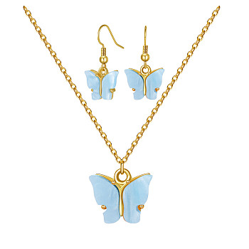 Alloy Acrylic Earrings & Necklaces Jewelry Sets, with Brass Cable Chains, Earring Hooks and 304 Stainless Steel Lobster Claw Clasps, Butterfly, Aqua, Necklaces: 17.71 inch(45cm), Earrings: 29mm, Pin: 0.8mm