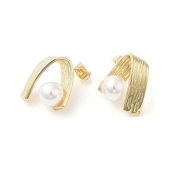 Brass Arch Stud Earrings with ABS Imitation Pearl Beaded for Women, Real 16K Gold Plated, 20.5x14.5mm