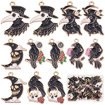 24Pcs 6 Style Alloy Enamel Pendants, Gothic Theme, Light Gold, Raven/Crow & Moon, Black, 26~32x16~25x1~1.5mm, Hole: 1.8~2.2mm, 4pcs/style