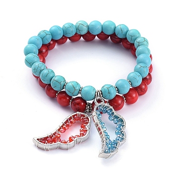 Stretch Bracelets Set, Stackable Bracelets, with Synthetic Turquoise(Dyed) Beads, Electroplate Glass Beads and Alloy Wing Pendants, 2-1/8 inch(5.5cm), 2pcs/set