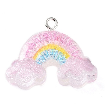 Translucent Resin Pendants, Glitter Charms with Platinum Tone Iron Loops, Rainbow, 20.5x25x7.5mm, Hole: 2mm
