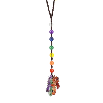 Gemstone Round Beaded Pendant Decorations, Polyester Cord and Gemstone Chip Tassel Car Hanging Decorations, 270mm