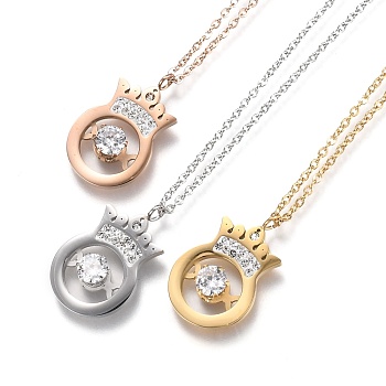 304 Stainless Steel Pendant Necklaces, with Polymer Clay Crystal Rhinestone, Crown, Mixed Color, 16-3/8 inch(41.5cm)
