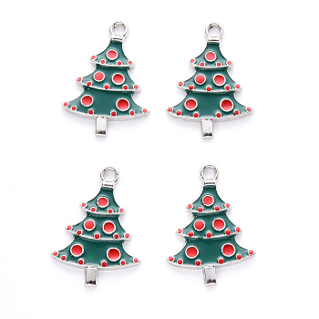 Alloy Enamel Pendants, for Christmas, Christmas Tree, Platinum, Green, 26x18.5x2mm, Hole: 2mm