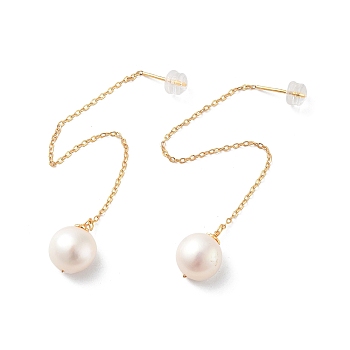 Round Natural Pearl Earrings for Women, Sterling Silver Ear Thread, Real 18K Gold Plated, 93x10mm