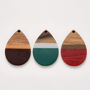 Resin & Walnut Wood Pendants, Waxed, Teardrop, Mixed Color, 36x25x3mm, Hole: 2mm